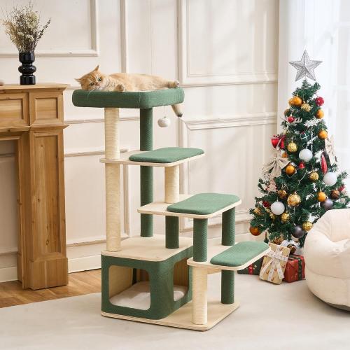 Modern Wood Cat Tree Tower for Large Cats - 43.5 Indoor Wooden Cat Condo with Sisal Scratching Posts, Washable Cushions, Large Top Perch & Easy Climb Steps for Elderly/Short-Legged Cats Multi-Cat Use