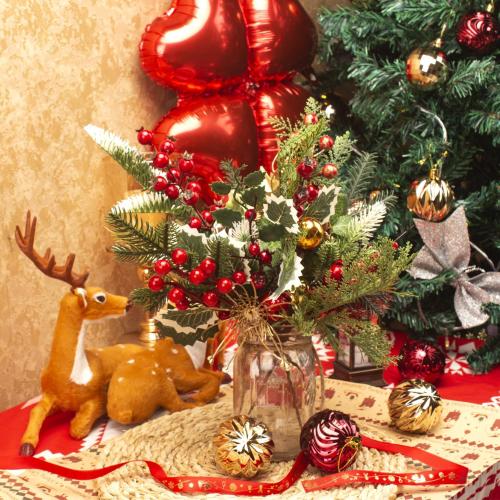 10 Pcs Artificial Pine Picks Christmas Pine Picks Pine Needles Branches with Red Berry Pinecones Berry Branches Fake Berries for Flower Arrangements Wreaths Holiday Xmas Tree Decoration