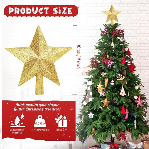 Glitter Christmas Star Tree Topper for Holiday Decorations, Christmas Tree Decoration for Holiday Ornament and Home Decor, Shatterproof Tree Toppers for Party Indoor ＆ Outdoor-Gold 4 inch