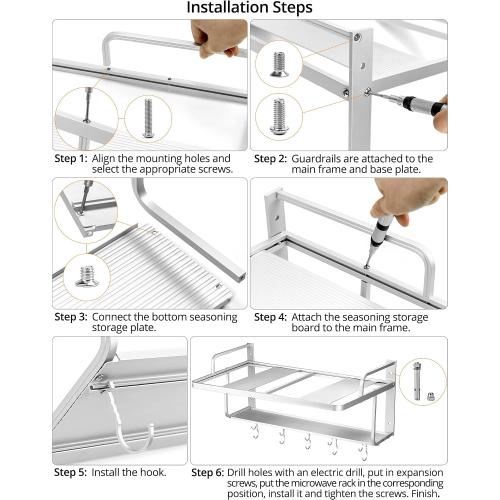 QWORK Microwave Oven Rack Shelf, Wall Mount Electric Oven Holders, Aluminum Double-Layer Microwave & Spice Rack, 2 Shelves with 10 Hooks, Support Load 88lbs, 21.65x15x9.84