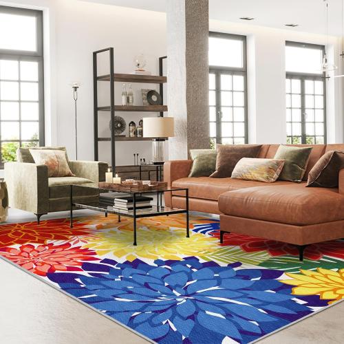 Indoor Outdoor Area-Rug Washable Multicolored Patio Rug Tropical Botanical Modern Floral Indoor Outdoor Carpet Non-Slip for Patio, Deck, Backyard, Porch (5x8)