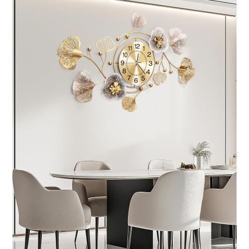 Clocks for Living Room, Large Wall Clock, 3D Silent Wall Clock, Retro Metal Ginkgo Leaf Design, for Bedroom Kitchen Decorative Wall Clocks（35''x20'' ）