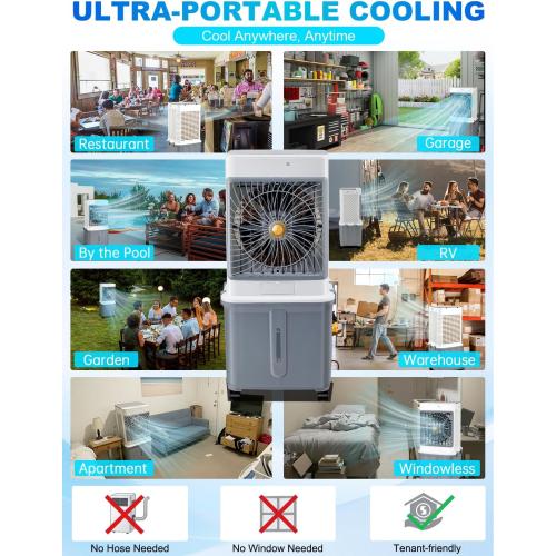 Swamp Cooler, Portable Air Conditioners 10-Gal Evaporative Air Coolers with Detachable Tank, Windowless AC Unit with 3 Speeds, 120° Swing, Cooling Fan That Blow Cold Air for Garage, Patio, Apartment