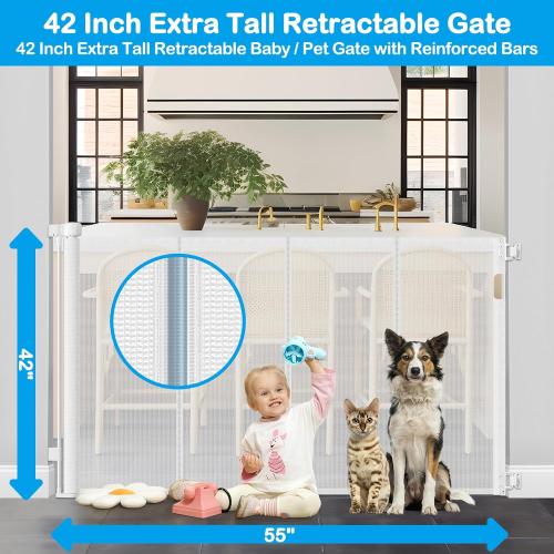 42 Inch Extra Tall Retractable Baby Gates with Reinforced Strips 55 Inch Wide Outdoor Retractable Dog Gate No Sag Extra Tall Baby Gate for Doorway Anti-Scratch Mesh Gates for Kids or Pets, White