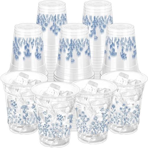 100 Pcs Chinoiserie Disposable Plastic Cups,16 oz Blue and White Flower Clear Plastic Cups for Birthday, Baby Shower, Wedding and Tea Party Drinking Cups Supplies‼️missing pieces‼️