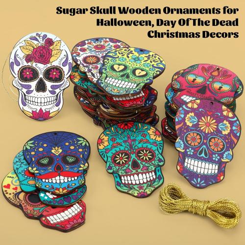 36 Pcs Sugar Skull Christmas Ornaments Wooden Day of The Dead Hanging Ornaments for Christmas Tree Xmas Dia De Muertos Cinco De Mayo Holiday Decoration