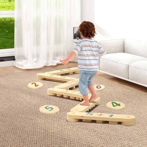 COSYLAND Wooden Balance Beam for Kids - 15 PCS Toddler Balance Beams and Stepping Stones - Sensory Balance Beam for Indoor Obstacle Course, Toys for Kids Age up 18 Months, Number