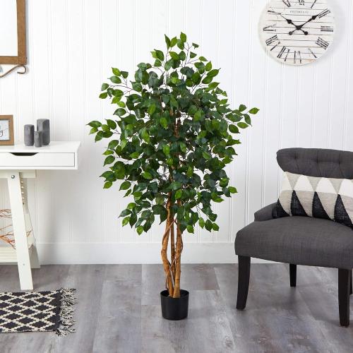Nearly Natural 4ft Triple Trunk Artificial Ficus Tree with Natural Wood Trunks, Fake Tree for Indoor Home Décor, Faux Ficus Tree with Black Nursery Pot
