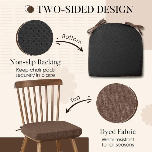 Basic Beyond Chair Cushions for Dining Chairs 4 Pack, Kitchen Chair Cushions with Ties and Non Slip Backing, 16 x 16 inches Chair Pads for Dining Chairs (Brown)