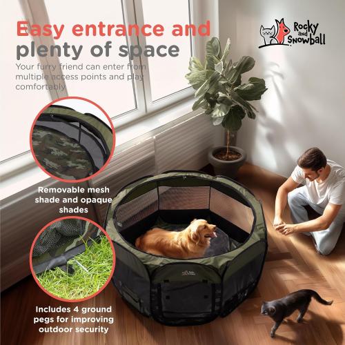 BLACK Rocky   Snowball Pop Up Playpen for Dogs - Puppy Dog Cats Rabbits Play Pen for Indoors or Outdoors - Portable Playpen with Carrying Case & Collapsible Bowl - Camo Print - XL