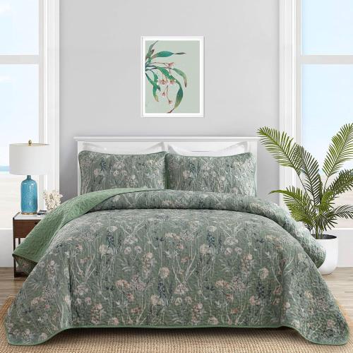 Goodidea Quilts King Size Bedding Set, Sage Green Bedspreads King Size 3 Piece Lightweight Soft Microfiber Reversible Coverlet Floral Quilt Set with Pillow Shams for All Season (King, 104X90)