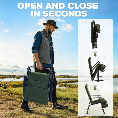 X Strike Oversized Folding Fishing Chair with Rod Holder Heavy Duty 350LBS, Feet Adjustable Padded Camping Chair with Cup Holder Side Pocket Hard Armrest