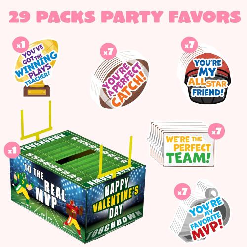 JOYIN Valentine Boxes Football Classroom Mailbox with Cards for Kids, Party Favor School Exchange Prizes with Teacher Card, 4 Designs, 29 Pcs