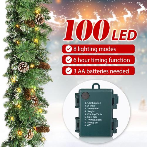 Jin&Bao 9FT Christmas Garland with Lights, 100 LED Prelit Green Pine Garland Christmas Decorations with Timer Function, 3AA Battery Operated Xmas Garland Fireplace Door Stairs Home Outdoor
