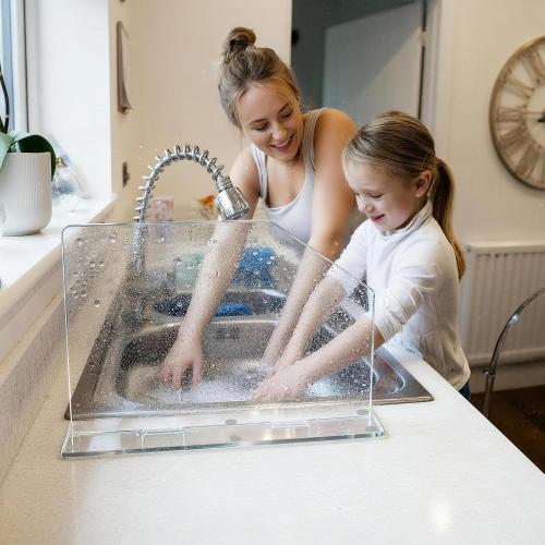 LILXIU 2 PCS Acrylic Sink Splash Guard 16.14 * 13.38 Inch Clear Freestanding Panel Barrier with Base Plate Countertop Partition for Kitchen Bathroom Home Hospitals Labs