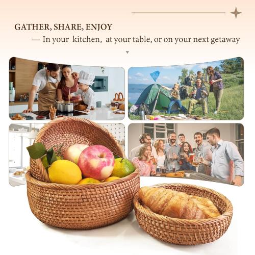 9.2 Medium Round Rattan Wicker Bread Basket, Natural Fruit Basket for Kitchen Counter, Hand Woven Food Baskets, Artisanal Bread Baskets for Serving, Fruit, Vegetable, Snack, key, Etc.