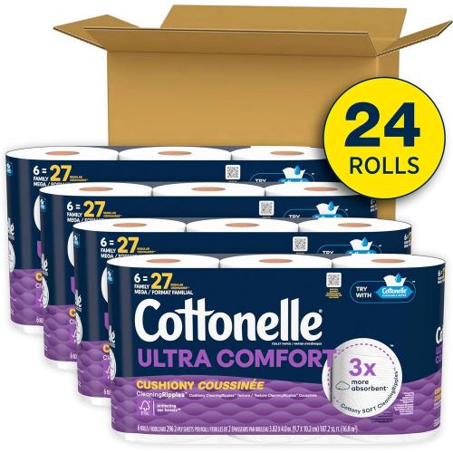 Cottonelle Ultra Comfort Toilet Paper with Cushiony CleaningRipples Texture, Strong Bath Tissue, 24 Family Mega Rolls = 108 Regular Rolls (4 Packs of 6)