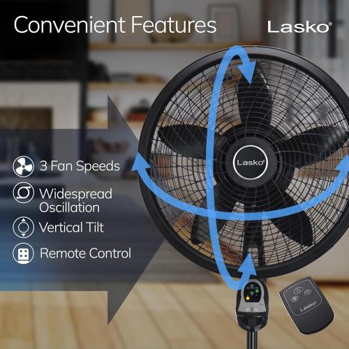 Lasko Oscillating Cyclone Pedestal Fan, Adjustable Height, Timer, Remote Control, 3 Speeds, for Bedroom, Living Room, Home Office, 18, Black, 1843