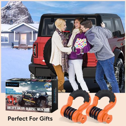 TICONN 2 Pack D Ring Shackle with 7/8 Screw Pin 57,000Ibs Break Strength, 3/4 Heavy Duty Shackles with Isolator & Washers for Tow Strap Winch Off Road Vehicle Recovery (Orange/Black)