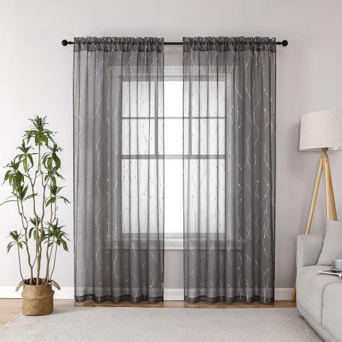 SMILE WEAVER Grey Sheer Curtains 84 Inch Long for Living Room,Privacy & Light Filtering Semi Sheer Curtain with Star Print Design,Lightweight Voile Transparent Bedroom Window Drapes,2 Panels