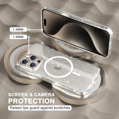 Choiche for iPhone 15 Pro Max Case Magnetic, Women Clear Glitter Bling Sparkly Case, [3xDiamond Camera Lens Protectors] [2xTempered Glass Screen Protectors] [Compatible MagSafe] (Glitter Clear)