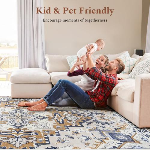 Rugflix 3x5 Area Rug for Living Room, Machine Washable Area Rugs with Non-Slip Backing, Large Soft Boho Vintage Rug for Bedroom, Dining Room, Low Pile Carpet, Kids Pet Friendly, Brown Beige