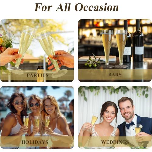 100 Pack Champagne Flutes Plastic, 4.5 oz Silver Glitter Plastic Disposable Stemware, Disposable Champagne Flutes for Party, Mimosa Bar, Wedding, Anniversary and Graduation