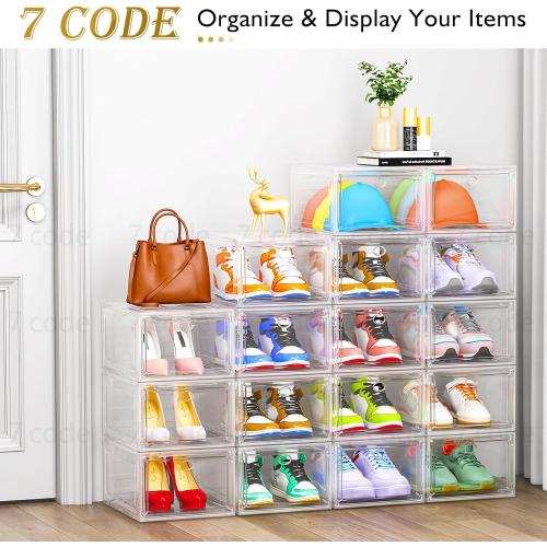 Thickened Clear Shoe Storage Organizer with Magnetic Door, Sturdy Stackable Shoe Boxes for Closet, Collapsible Space-Saving Shoe Rack for Sneakers & Boots, Plastic Shoe Cabinet Box Set, 6 Pack, White