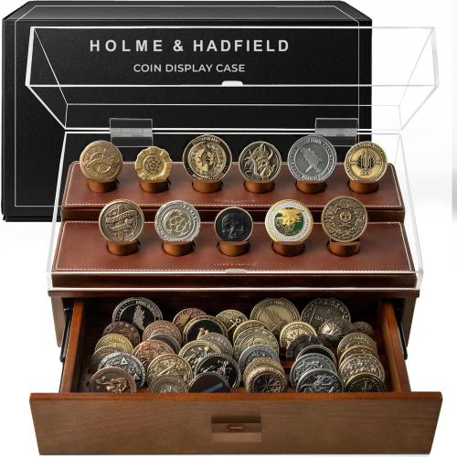 Holme & Hadfield Premium Challenge Coin Display Case for up to 50 Coins – Beautiful 360° Views – Extra Large Handcrafted Military Coin Display Case – Birthday Gift – Luxury Built to Last