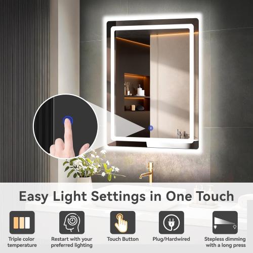 18“ x 24” LED Bathroom Smart Mirror, Rectangle Mirror with Three Color Light Temperature Brightness Settings,Backlit   Front Lit,Wall-Mounted Vanity Mirror with Memory Function