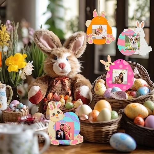 Wenqik 12 Set Easter Picture Frame Craft Kit, Egg Bunny DIY Wood Photo Frames with 12 Paint Colors, 2 Brushes, Palette & Hanging Rope, Spring Easter Crafts Party Favors