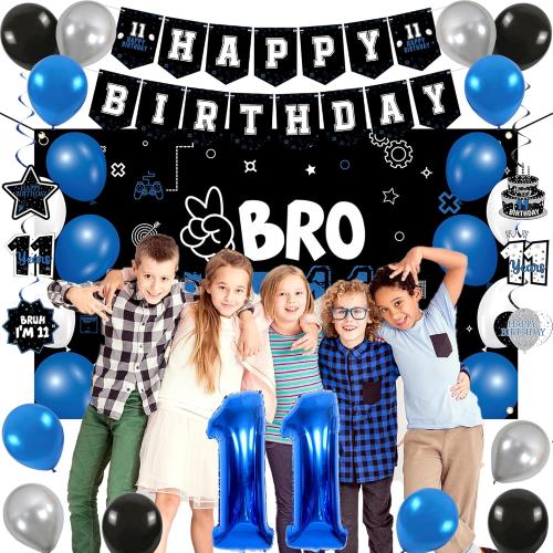 Vlipoeasn 11th Birthday Decorations Set for Boys Girls, 37PCS Black Blue 11 Year Old Birthday Backdrop Banner, Black Blue Bruh I'm 11 Party Supplies