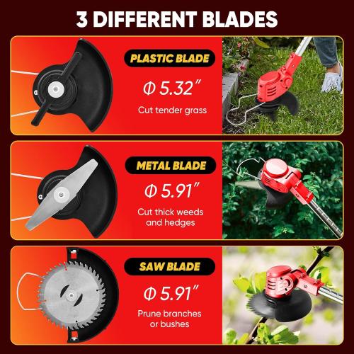 SakerPlus Wireless Weed Cutter, 24V Cordless Electric Grass Trimmer Weed Eater Wacker with 2 Batteries, 3-in-1 Lightweight Brush Cutter/Lawn Mower/Edger with Wheels for Lawn, Garden & Yard(Red)