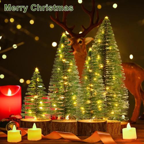 4 PCS Mini Christmas Trees, 4 Sizes Artificial Christmas Trees with 2 Modes LED String Lights Timer, Bottle Brush Trees Battery Powered Tabletop Tree Decoration (Warm White)