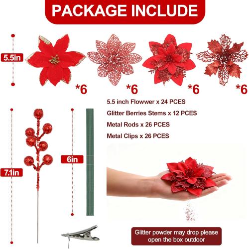 36 Pcs Poinsettia Flowers Artificial with Clips and Berry Stems Christmas Flowers Glitter Ornaments for Christmas Tree Wreath Fireplace Stairs Decorations (Red)