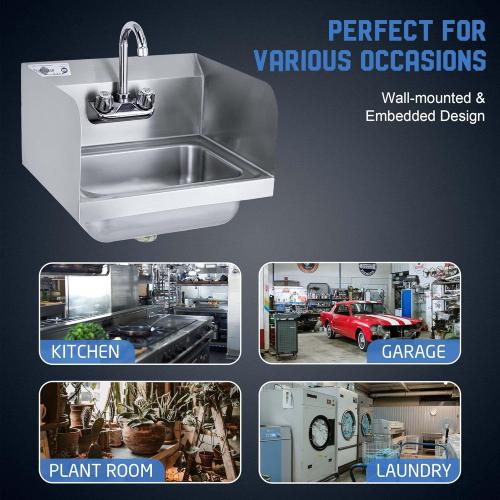 Profeeshaw Stainless Steel Sink Commercial Wall Mount Hand Washing Basin NSF Certified, with Gooseneck Faucet and Side Splash Guard, for Restaurants, Stores, Bars and Home, 17 x 15 …