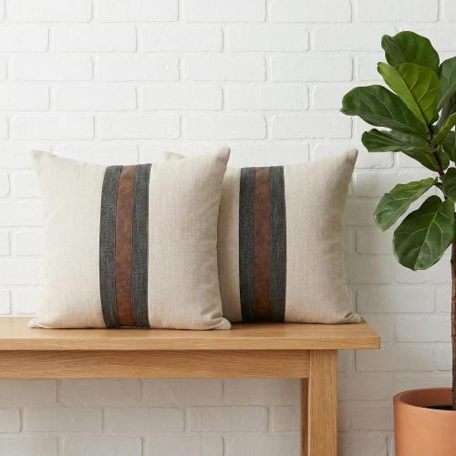 Set of 2 Leather Throw Pillow Covers Cotton Linen Decor Patchwork Pillow Cover Faux Leather Pillows Cover for Couch Sofa Living Room Bedroom,Beige 24x24