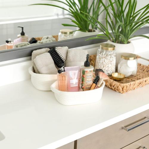 NaturalCozy 5-Piece Rectangle Storage Basket Set- Natural Cotton Rope Woven for Organizing! Small Basket for Montessori, Baby Nursery, Dog Toy Baskets, Cat Toy Box, Bathroom Organization Bin