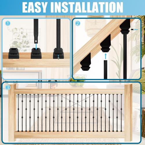 10 Pack Color Black  Staircases Iron Balusters -1/2'' Square Hollow Metal Spindles with Single Knuckle and Double Knuckle Design, Includes 10 Flat Shoes & 10 Angle Shoes
