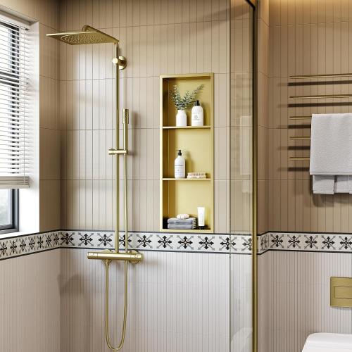 Neodrain Stainless Steel Shower Niche, NO Tile Needed Recessed Shelf for Bathroom Storage, 3-Tier Recessed Built-in Wall Niche（12X36Inch，Gold）
