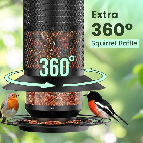 Black Hanging Bird Feeder with Squirrel Baffle, Squirrel Proof Bird Feeders for Outdoors, Heavy Duty Metal Design with Large Capacity Hanging Birdfeeder for Outside,