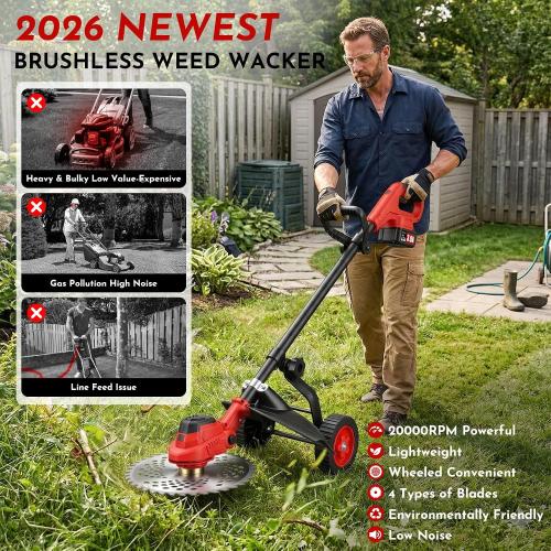 3-in-1 Electric Weed Wacker Cordless, 12″ Brushless Weed Eater Battery Powered with Wheel, 20000 RPM Grass Trimmer/Brush Cutter/String Trimmer, Lawn Mower Edger Weed Trimmer, 6000mAhjong Batteries‼️incomplete‼️