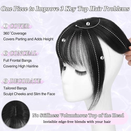 Hair Toppers for Women Real Human Hair-360°3D Topper with Bangs for Thinning Hair Clip in Bangs with Upgraded Silk Base Perfect for Daily Wear,5×10 Black