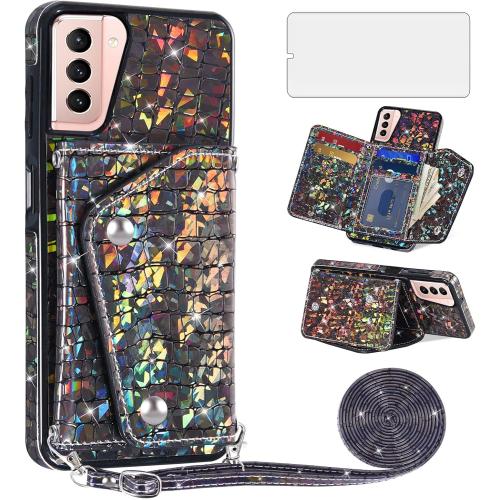 Asuwish Phone Case for Samsung Galaxy S21 Plus S21  5G Wallet Cover with Screen Protector and Card Holder Stand Leather Bling Glitter Cell Accessories S21 5G S21plus 21S   S 21 21  G5 Women Men Black
