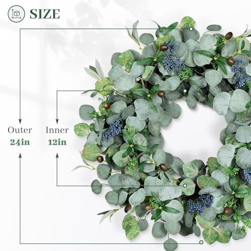 24 Inch Eucalyptus Wreath with Olive Leaves and Berries | Handmade, Waterproof, Rattan base, Lush, Artificial, for Home Outdoor Indoor Farmhouse, All Seasons