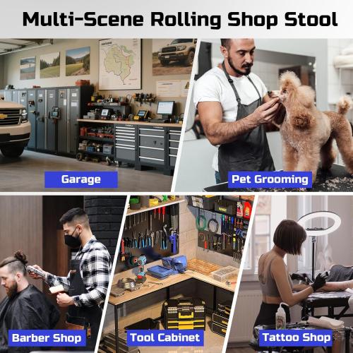 Rolling Shop Stool with Wheels, Garage Mechanic Stool Chair with Backrest, Height Adjustable Heavy Duty Swivel Task Chair, Adjustable Footrest with Storage Tray for Garage Kitchen Salon Tattoo (Blue)