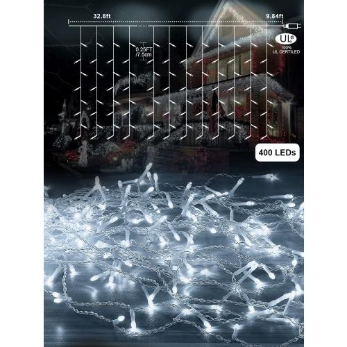 32.8FT Icicle Lights, Christmas Outdoor with 400LED 75 Drops, IP65 Waterproof Eaves Lights, 8 Modes, for Christmas Eaves Garden Room Decoration Cool White