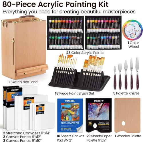 MERRIY 80-Piece Acrylic Paint Set, Artist Painting Supplies Kit with Tabletop Sketch Box Easel, 48 Colors Acrylic Paints,11x 14Stretched Canvas &More, Premium Acrylic Painting Set for Adults