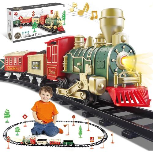 JUQU Electric Train Set for Kids Ages 3-8 – Battery Operated Toy Train with Lights, Sounds, 3 Cars & 10 Tracks, Classic Christmas Tree Train Set for Under or Around Tree