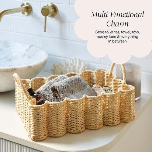 BEBE BASK Premium Wavy Scalloped Rattan Tray - Small Hand-Woven Scallop Wicker Tray - 19 x 9 x 6.5 in - Scalloped Basket - Scallop Basket